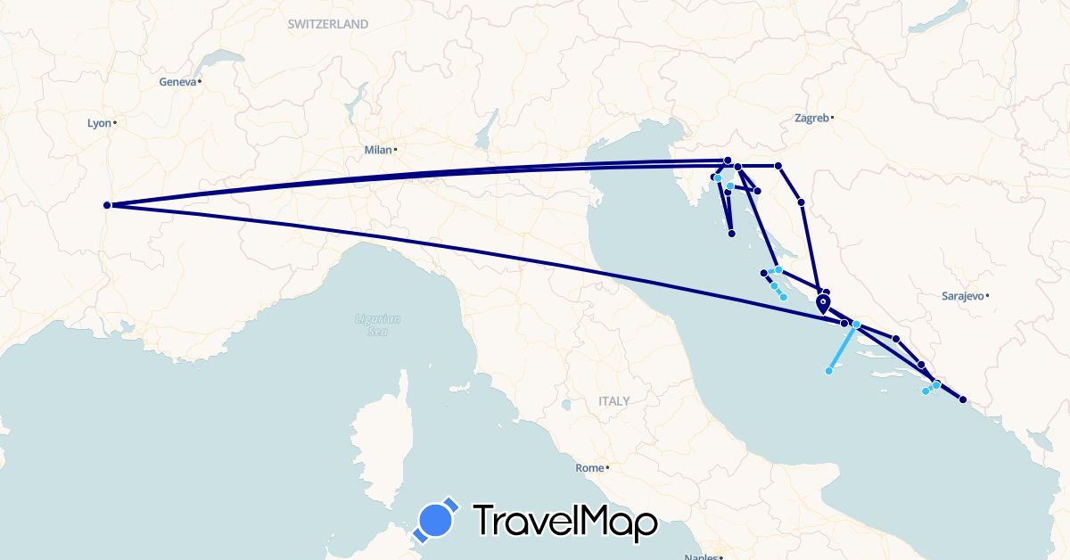 TravelMap itinerary: driving, boat in France, Croatia (Europe)